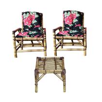 Conjunto 2 Cadeiras Com Mesa De Bambu e Almofada Preto Floral