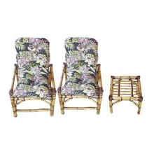Conjunto 2 Cadeiras Com Mesa De Bambu e Almofada Preto Folhas