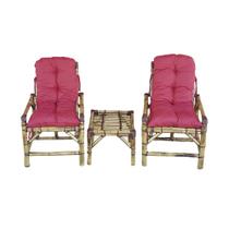 Conjunto 2 Cadeiras Com Mesa De Bambu e Almofada Vermelho