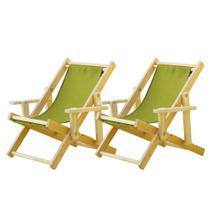 Conjunto 2 Cadeiras Espreguiçadeira Dobrável Infantil Madeira Maciça Natural com Tecido Verde