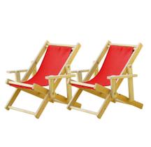 Conjunto 2 Cadeiras Espreguiçadeira Dobrável Infantil Madeira Maciça Natural com Tecido Vermelho - Móveis Brasil