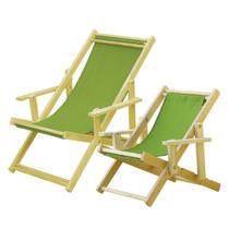 Conjunto 2 Cadeiras Espreguiçadeira Dobrável Madeira Maciça Natural Adulto e Infantil Verde