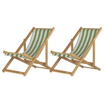 Conjunto 2 Cadeiras Espreguiçadeira Preguiçosa Dobrável Sem Braço Madeira Maciça Natural Com Tecido Listrado Verde e Branco
