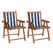 Conjunto 2 Cadeiras Praia Dobrável em Madeira Envernizada Mel com Tecido Listrado Azul e Branco