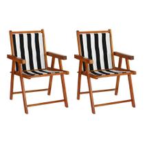 Conjunto 2 Cadeiras Praia Dobrável em Madeira Envernizada Mel com Tecido Listrado Preto e Branco