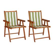 Conjunto 2 Cadeiras Praia Dobrável em Madeira Envernizada Mel com Tecido Listrado Verde e Branco