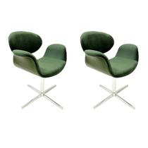 Conjunto 2 Cadeiras Tulipa Verde Estofada com Braço base Giratória em Alumínio