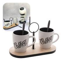 Conjunto 2 Canecas + 2 Colheres + Bandeja Suporte Bambu Lyor