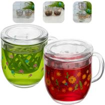 Conjunto 2 Canecas De Chá Com Infusor e Tampa 330ml Vidro Jardim Rosas Primavera Luxo Lyor
