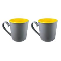 Conjunto 2 Canecas De Porcelana Cinza c/ Amarelo 350ml Casal Conjunto 2 Canecas De Porcelana Cinza c/ Amarelo 350ml Casal