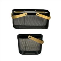 Conjunto 2 Cestas Caixa Multiuso Preto Grande Pequena Telado Metal Alça Madeira Decoração Moderno