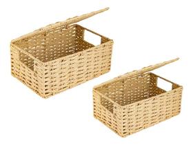 Conjunto 2 Cestos Caixas Organizadoras Em Fibra Natural Com Alças E Tampas