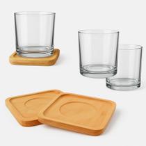 Conjunto 2 Copos Whisky com Porta Copos Bambu