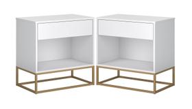 Conjunto 2 Criados Brancos p/ Quarto Estilo Industrial Base de Ferro Dourado