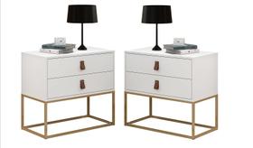 Conjunto 2 Criados Estilo Industrial Com Puxadores Em Couro E Base Dourada