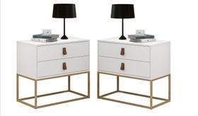Conjunto 2 Criados Estilo Industrial Com Puxadores Em Couro E Base Dourada