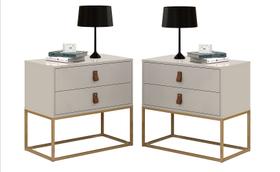 Conjunto 2 Criados Estilo Industrial Com Puxadores Em Couro E Base Dourada Conjunto 2 Criados Estilo Industrial Com Puxadores Em Couro E Base Dourada