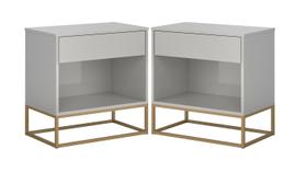 Conjunto 2 Criados Off White P/ Quarto Estilo Industrial Base de Ferro Dourado