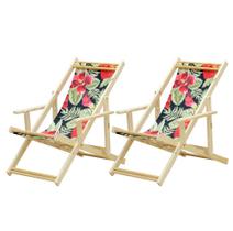 Conjunto 2 Espreguiçadeiras Preguiçosa Dobrável Madeira Maciça Natural com Tecido Flores Vermelhas Conjunto 2 Espreguiçadeiras Preguiçosa Dobrável Madeira Maciça Natural com Tecido Flores Vermelhas
