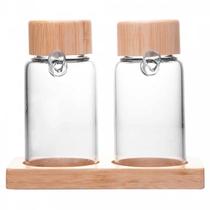 Conjunto 2 galheteiros de vidro borossilicato com tampa e suporte de bambu Wolff 170 ml