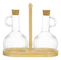 Conjunto 2 Galheteiros Vidro Suporte Bambu Azeite Vinagre Cozinha