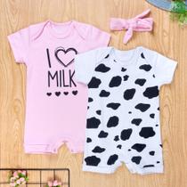 Conjunto 2 Macacões Curto com Faixa Milk Rosa e Branco