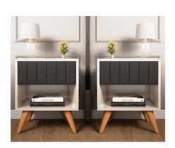 Conjunto 2 Mesa de Cabeceira Glamur Pérola Decor Pé Madeira Gaveta Estofada Corrediça telescopica-Jc Moveis