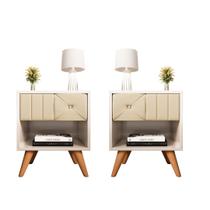 Conjunto 2 Mesa de Cabeceira Glamur Tokio Decor Pé Madeira Gaveta Estofada Corrediça Telescopica-Jc Moveis