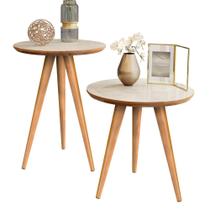 Conjunto 2 Mesa Tampo Redondo Mesinha Madeira de Apoio e Lateral de Sofá Sala Estar Decoração Escritório Pés Palito Retrô Conjunto 2 Mesa Tampo Redondo Mesinha Madeira de Apoio e Lateral de Sofá Sala Estar Decoração Escritório Pés Palito Retrô