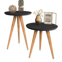 Conjunto 2 Mesa Tampo Redondo Mesinha Madeira de Apoio e Lateral de Sofá Sala Estar Decoração Escritório Pés Palito Retrô