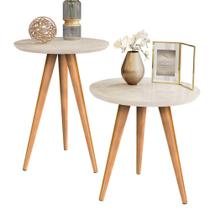 Conjunto 2 Mesa Tampo Redondo Mesinha Madeira de Apoio e Lateral de Sofá Sala Estar Decoração Escritório Pés Palito Retrô - Offwhite