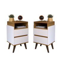 Conjunto 2 Mesas de Cabeceira 2 gavetas Verona para quarto com pés retrô - Branco com Nature