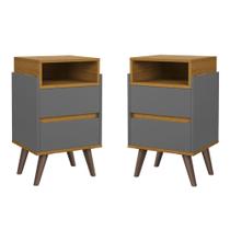 Conjunto 2 Mesas de Cabeceira 2 gavetas Verona para quarto com pés retrô - Cinza com Nature