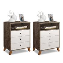 Conjunto 2 mesas de cabeceira 3 gavetas e 1 nicho castani com branco Conjunto 2 mesas de cabeceira 3 gavetas e 1 nicho castani com branco