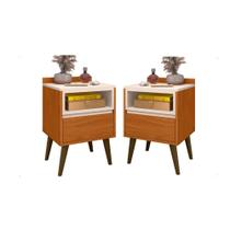 Conjunto 2 Mesas de Cabeceira Any com pés palito e 1 gaveta para quarto - Cedro com Off White Conjunto 2 Mesas de Cabeceira Any com pés palito e 1 gaveta para quarto - Cedro com Off White