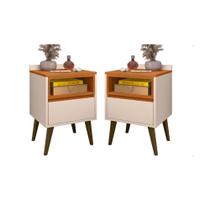 Conjunto 2 Mesas de Cabeceira Any com pés palito e 1 gaveta para quarto - Off White com Cedro Conjunto 2 Mesas de Cabeceira Any com pés palito e 1 gaveta para quarto - Off White com Cedro