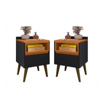 Conjunto 2 Mesas de Cabeceira Any com pés palito e 1 gaveta para quarto - Preto com Cedro Conjunto 2 Mesas de Cabeceira Any com pés palito e 1 gaveta para quarto - Preto com Cedro