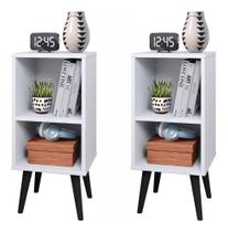 Conjunto 2 Mesas de Cabeceira Charme com prateleira interna pés retrô - Branco Conjunto 2 Mesas de Cabeceira Charme com prateleira interna pés retrô - Branco