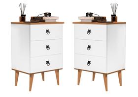 Conjunto 2 Mesas de Cabeceira com Pés Palito Madri com 3 gavetas para quarto - Branco com Freijó Conjunto 2 Mesas de Cabeceira com Pés Palito Madri com 3 gavetas para quarto - Branco com Freijó