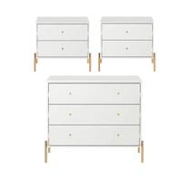 Conjunto 2 Mesas de Cabeceira e Cômoda 3 Gavetas Jasper - Branco c/ Dourado