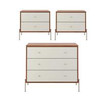 Conjunto 2 Mesas de Cabeceira e Cômoda 3 Gavetas Jasper - Off White Fosco c/ Canella - Champanhe Conjunto 2 Mesas de Cabeceira e Cômoda 3 Gavetas Jasper - Off White Fosco c/ Canella - Champanhe