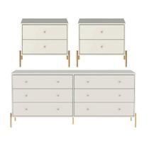 Conjunto 2 Mesas de Cabeceira e Cômoda 6 Gavetas Jasper - Off White Fosco c/ Dourado
