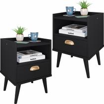 Conjunto 2 Mesas de Cabeceira Estilo Com Nicho e Gaveta Cor Preto Conjunto 2 Mesas de Cabeceira Estilo Com Nicho e Gaveta Cor Preto
