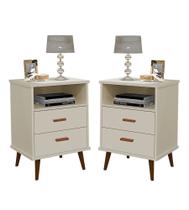 Conjunto 2 Mesas de Cabeceira Itália com pés em formato retrô 2 gavetas - Off White