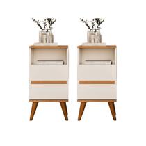 Conjunto 2 Mesas de Cabeceira Pop com pés palito e 2 gavetas - Off White com Freijó Conjunto 2 Mesas de Cabeceira Pop com pés palito e 2 gavetas - Off White com Freijó