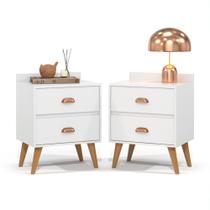 Conjunto 2 Mesas De Cabeceira Retro Madero Vintage Pés Palito Em Madeira - Branco Conjunto 2 Mesas De Cabeceira Retro Madero Vintage Pés Palito Em Madeira - Branco