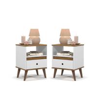 Conjunto 2 Mesas de Cabeceira Ted com 1 gaveta e nicho pés palito - Branco com Freijó