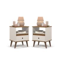 Conjunto 2 Mesas de Cabeceira Ted com 1 gaveta e nicho pés palito - Off White com Freijó