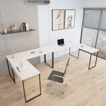 Conjunto 2 Mesas de Escritório em L Estilo 1,50MX1, Kuadra 150cm Branco Chess Marrom Conjunto 2 Mesas de Escritório em L Estilo 1,50MX1, Kuadra 150cm Branco Chess Marrom