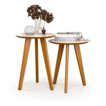 Conjunto 2 Mesas Redondas De Canto Tripé Para Apoio e Lateral Maju Off White Freijó Conjunto 2 Mesas Redondas De Canto Tripé Para Apoio e Lateral Maju Off White Freijó
